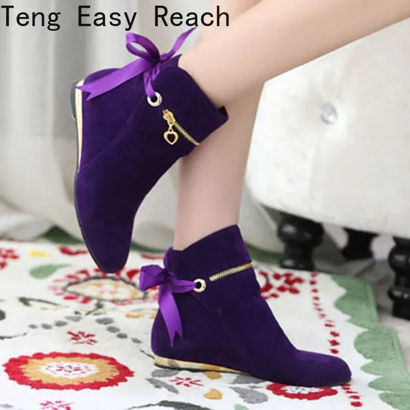 Sweet Bow Ankle Boots Women Faux Suede - Hiddengem