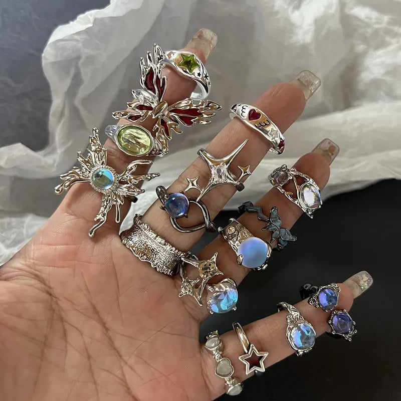Crystal Rings Kpop Heart Punk Vintage Rings Set - Hiddengem