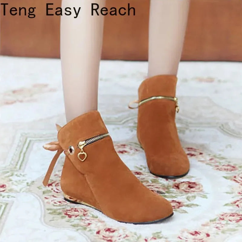 Sweet Bow Ankle Boots Women Faux Suede - Hiddengem