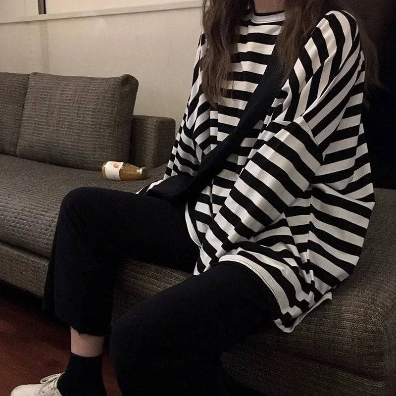 spring Autumn Women harajuku Striped Tshirt - Hiddengem