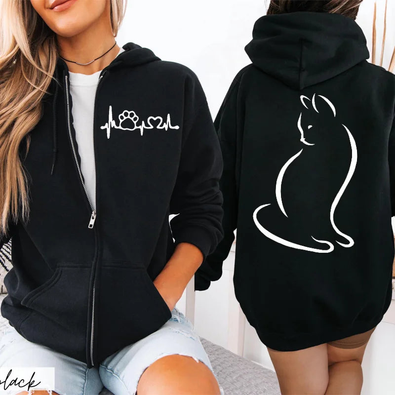 Hoodie New Cute Cat Heatbeat Sweatshirt Hip Hop - Hiddengem