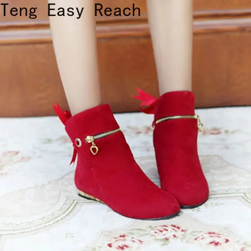 Sweet Bow Ankle Boots Women Faux Suede - Hiddengem