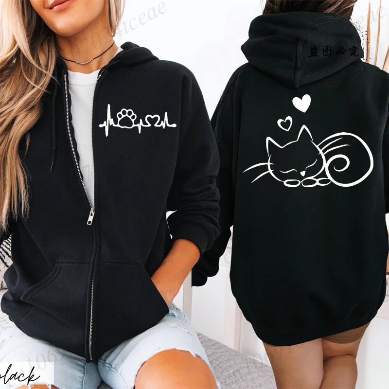 Hoodie New Cute Cat Heatbeat Sweatshirt Hip Hop - Hiddengem