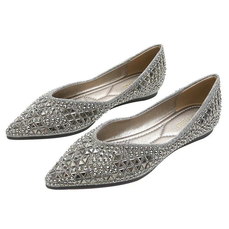 famous brand rivets flats women pointed toe glitter beading - Hiddengem
