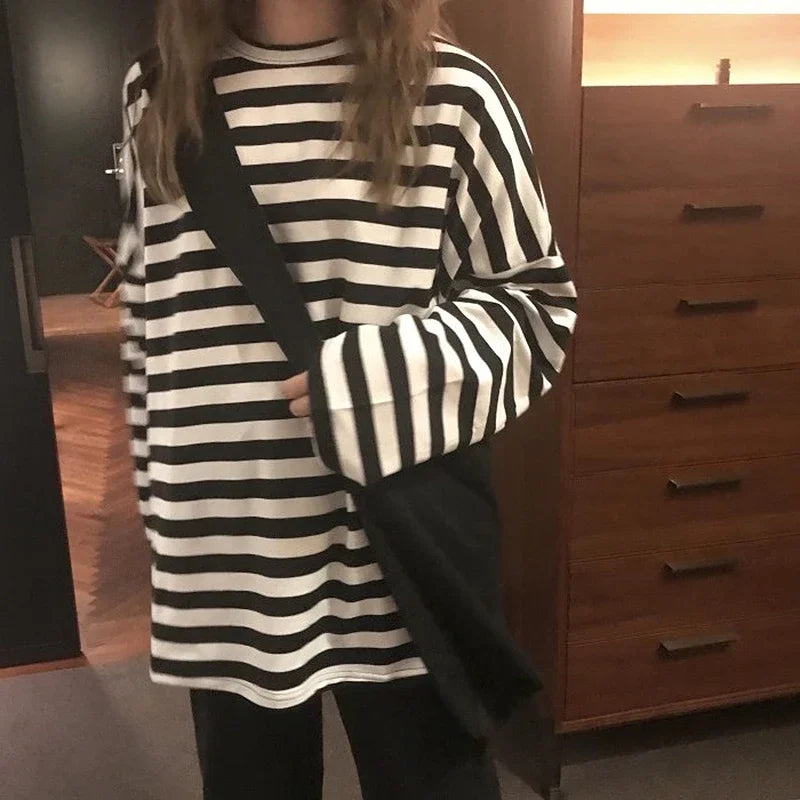 spring Autumn Women harajuku Striped Tshirt - Hiddengem