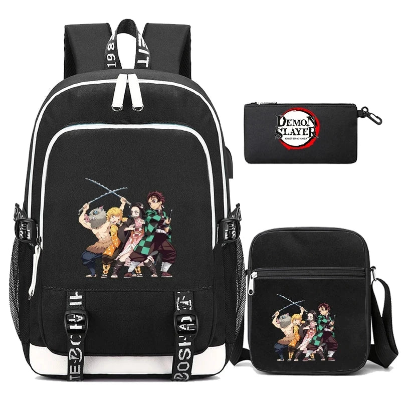 Black Demon Slayer backpack set with anime characters, includes school bag, shoulder bag, and pencil case, waterproof and USB compatible.