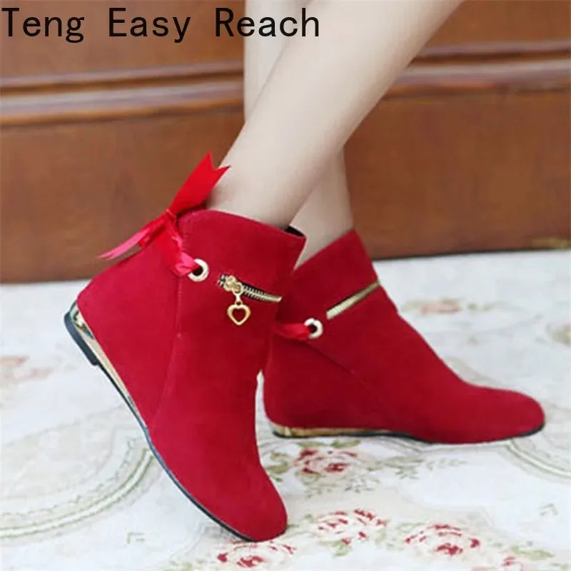 Sweet Bow Ankle Boots Women Faux Suede - Hiddengem