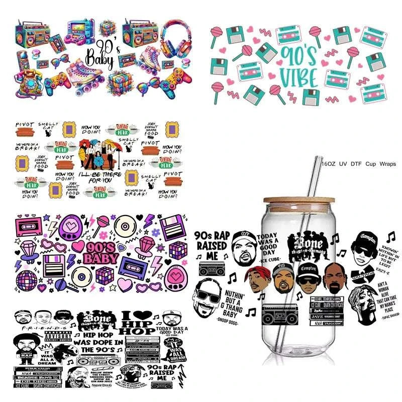 90s rap and hip hop themed UV DTF cup wraps with colorful and black retro designs for 16oz glass cups, waterproof and DIY adhesive stickers.