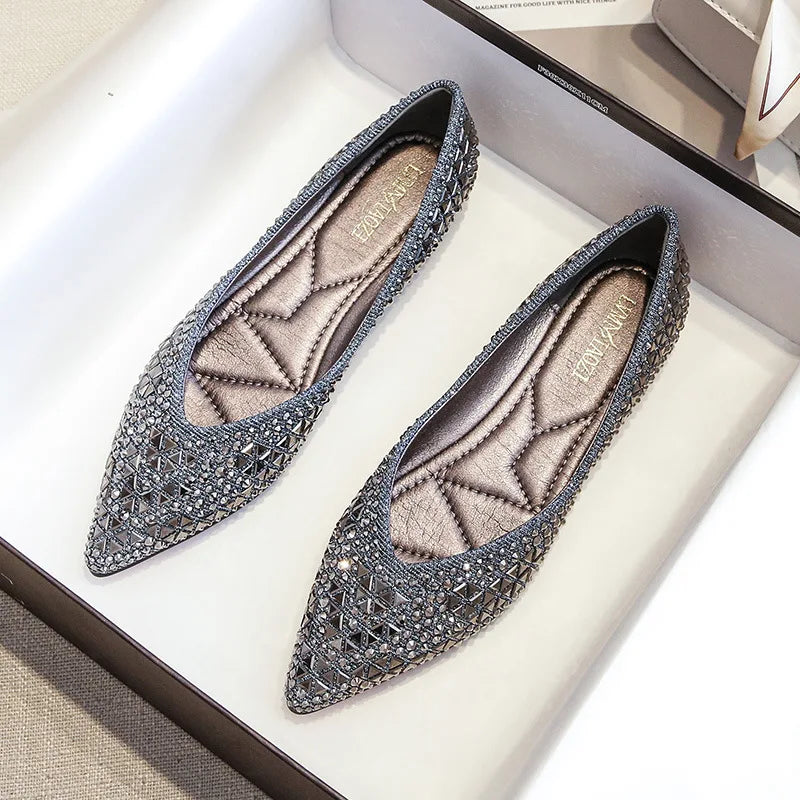 famous brand rivets flats women pointed toe glitter beading - Hiddengem