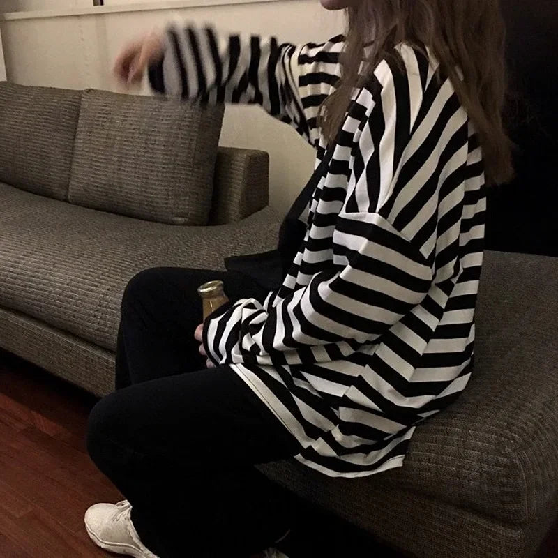 spring Autumn Women harajuku Striped Tshirt - Hiddengem