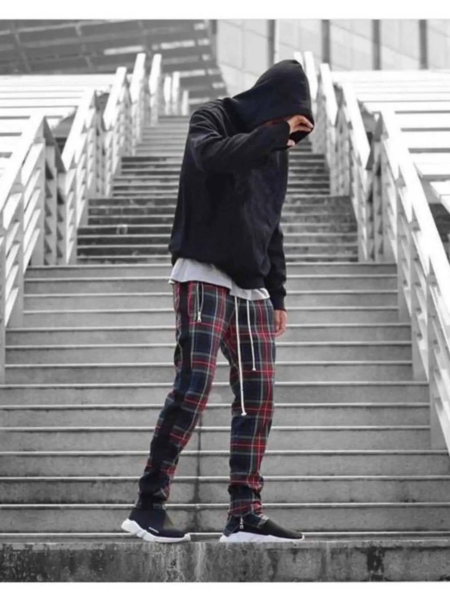 2024 Spring and Autumn hip hop pants Scottish lattice zipper slim pants men's casual pants elastic waist sports hipster men