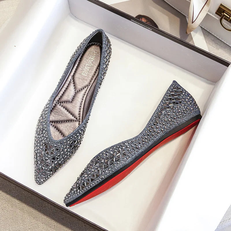 famous brand rivets flats women pointed toe glitter beading - Hiddengem