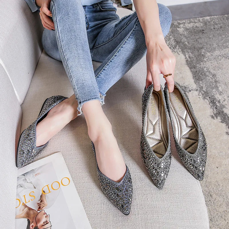 famous brand rivets flats women pointed toe glitter beading - Hiddengem