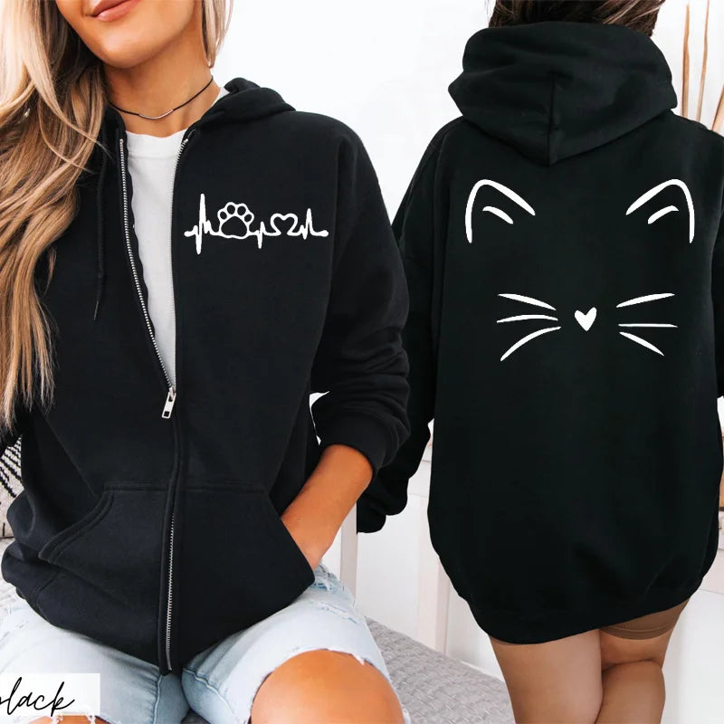 Hoodie New Cute Cat Heatbeat Sweatshirt Hip Hop - Hiddengem