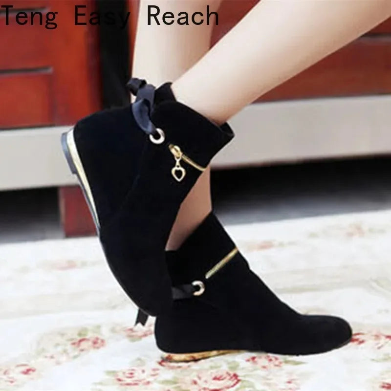 Sweet Bow Ankle Boots Women Faux Suede - Hiddengem