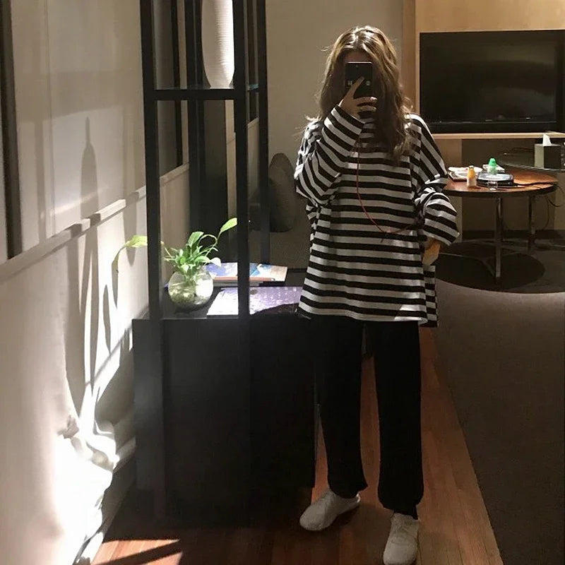 spring Autumn Women harajuku Striped Tshirt - Hiddengem