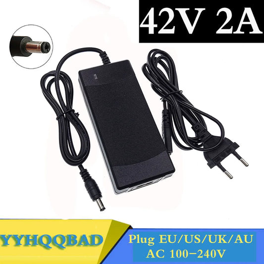 36V 2A battery charger with 42V 2A output, multiple plug options (EU/US/UK/AU), and universal 100-240V AC input for fast and safe lithium battery charging