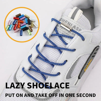 New Reflective Circular Elastic Shoe laces No Tie Shoelaces Metal Lock Lazy Laces for Kids and Adult One size fits all shoe - Hiddengem