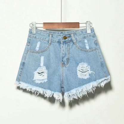 Hole Irregular Large Size Denim High Waisted Shorts - Hiddengem
