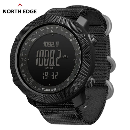 NORTH EDGE Men's sport digital watch with altimeter, barometer, compass, black alloy case, and durable sport strap