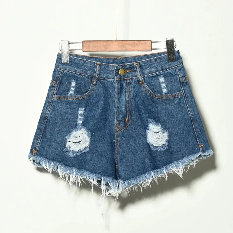 Hole Irregular Large Size Denim High Waisted Shorts - Hiddengem