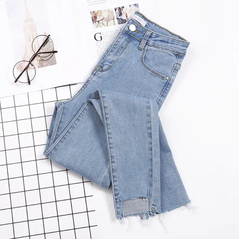 Womens Ankle-length Jeans Casual High Wasit Skinny Denim Pants - Hiddengem