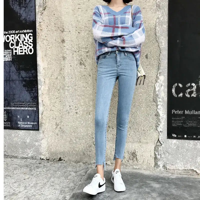 Womens Ankle-length Jeans Casual High Wasit Skinny Denim Pants - Hiddengem