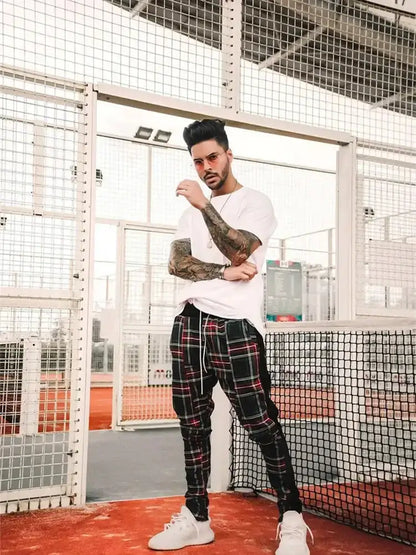 2024 Spring and Autumn hip hop pants Scottish lattice zipper slim pants men's casual pants elastic waist sports hipster men