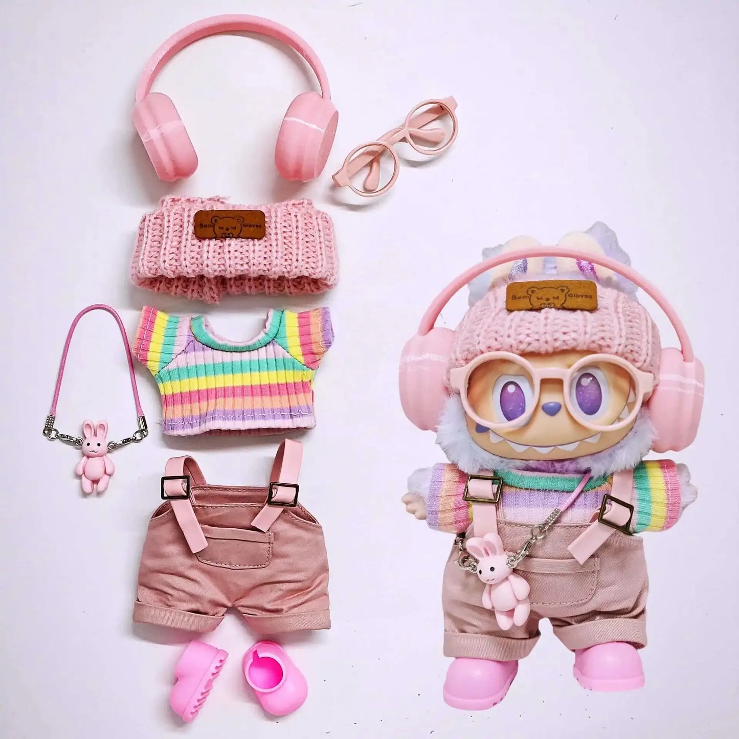 labubu clothes' new hot pink cargo pants, rainbow-colored pleated skirt clothing, colorful headphone sets, Labubu accessories