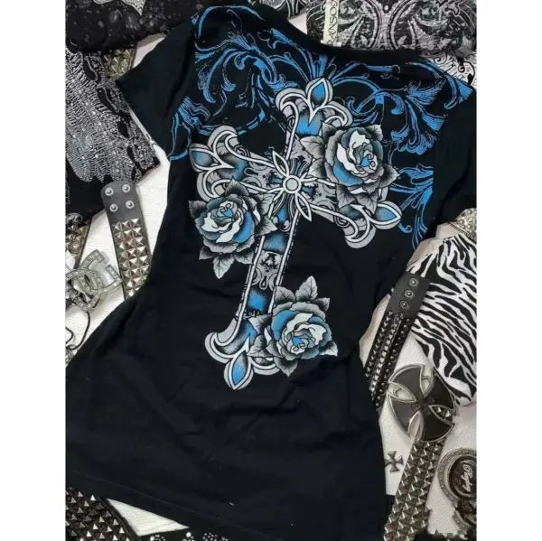 Streetwear Letter Cross Graphic T shirts - Hiddengem