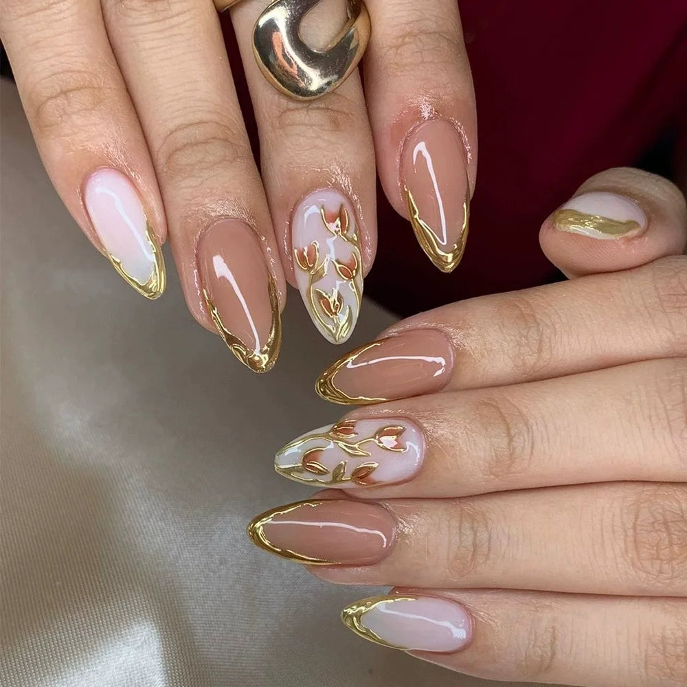 24Pcs Almond Press on Fake Nails 3D Flower - Hiddengem