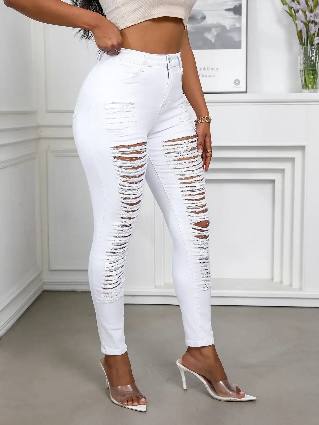 Elastic High Waisted Ripped Skinny Jeans - Hiddengem