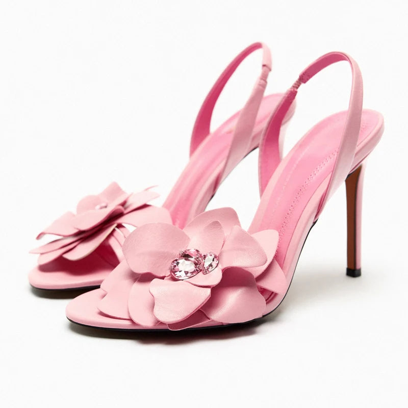 Pink Flower Decorated Goat Leather heels - Hiddengem
