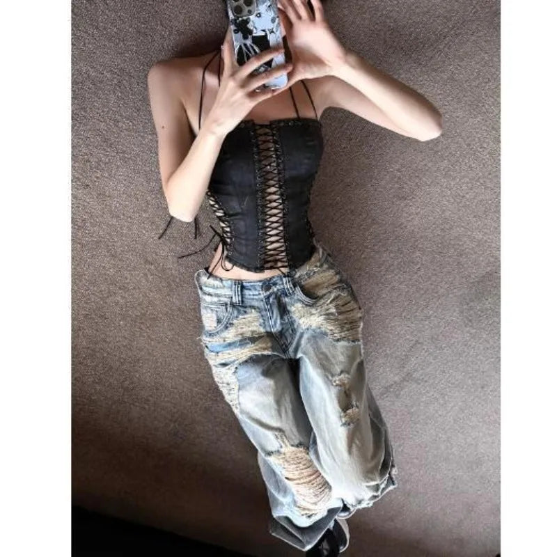 Black Hollow Camisole with Strap - Hiddengem