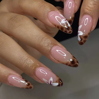 24Pcs Almond Press on Fake Nails 3D Flower - Hiddengem