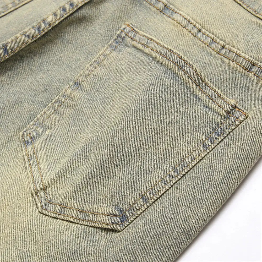 Streetwear Retro Style Men Ripped Spliced Slim Jeans