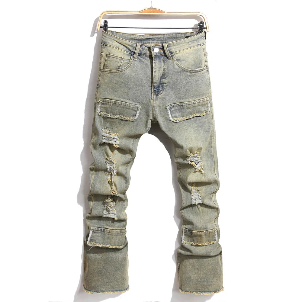 Streetwear Retro Style Men Ripped Spliced Slim Jeans
