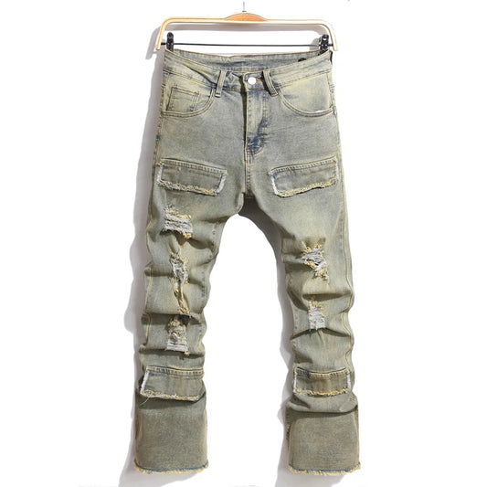 Streetwear Retro Style Men Ripped Spliced Slim Jeans