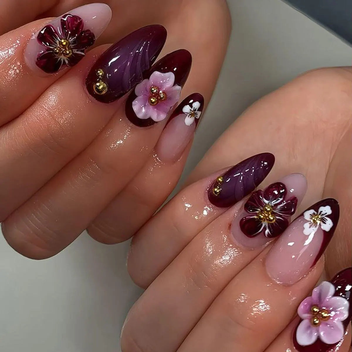 24Pcs Almond Press on Fake Nails 3D Flower - Hiddengem