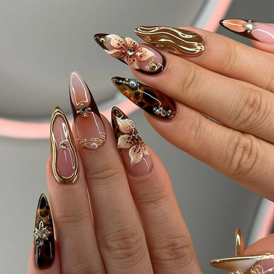 24Pcs Almond Press on Fake Nails 3D Flower - Hiddengem