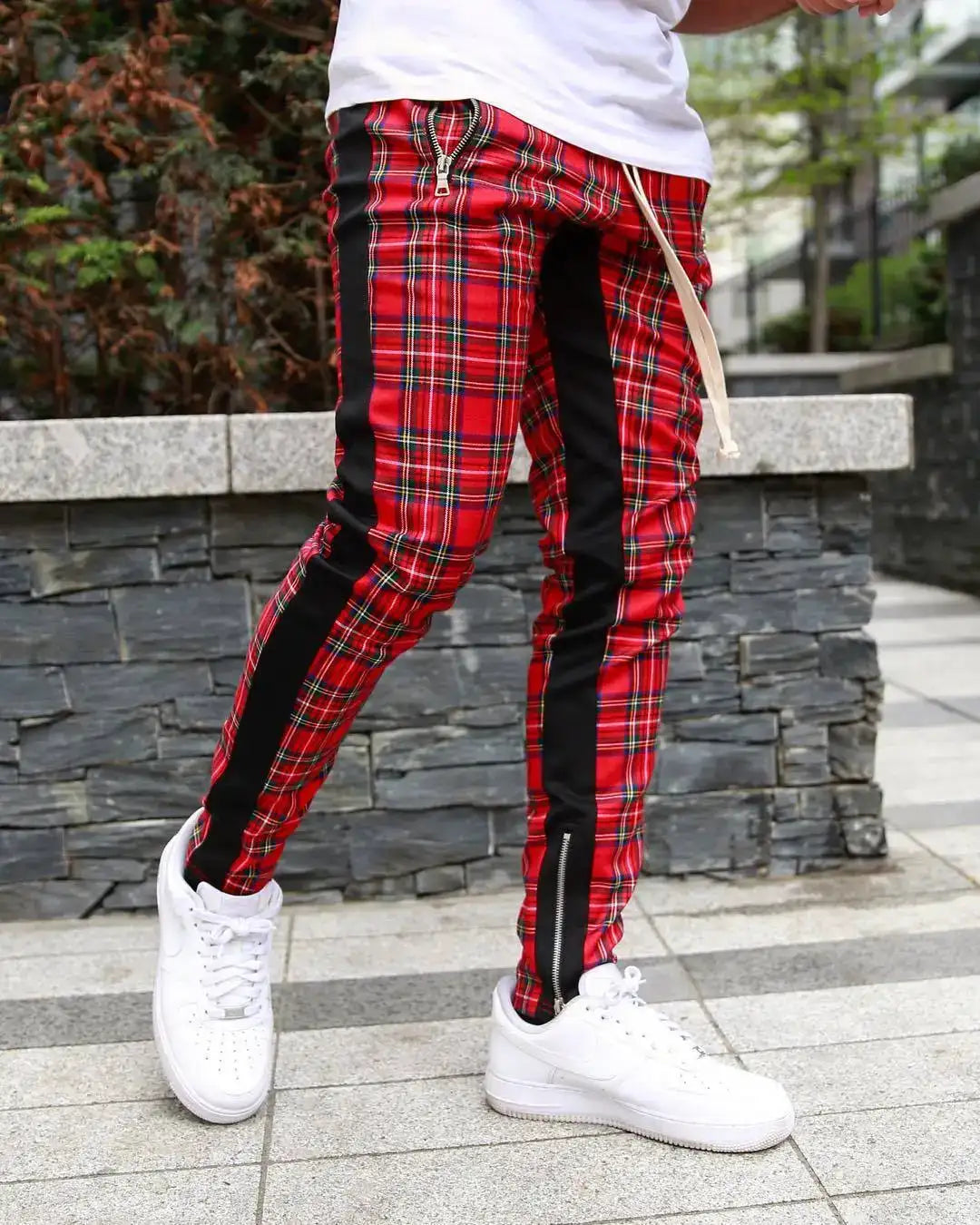 2024 Spring and Autumn hip hop pants Scottish lattice zipper slim pants men's casual pants elastic waist sports hipster men