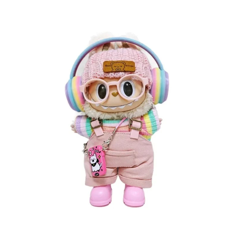labubu clothes' new hot pink cargo pants, rainbow-colored pleated skirt clothing, colorful headphone sets, Labubu accessories