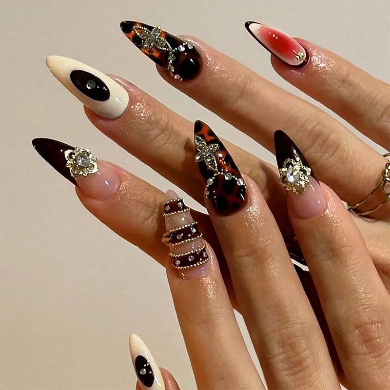 24Pcs Almond Press on Fake Nails 3D Flower - Hiddengem