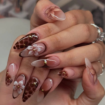 24Pcs Almond Press on Fake Nails 3D Flower - Hiddengem