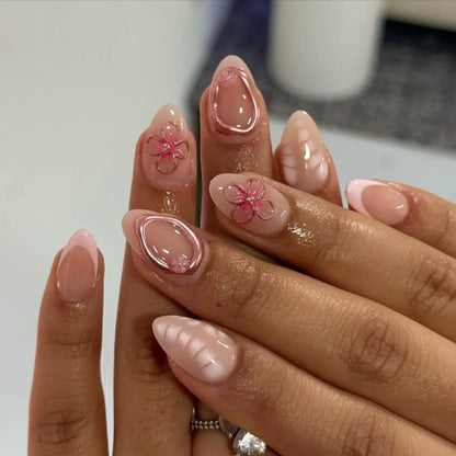 24Pcs Almond Press on Fake Nails 3D Flower - Hiddengem