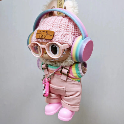 labubu clothes' new hot pink cargo pants, rainbow-colored pleated skirt clothing, colorful headphone sets, Labubu accessories