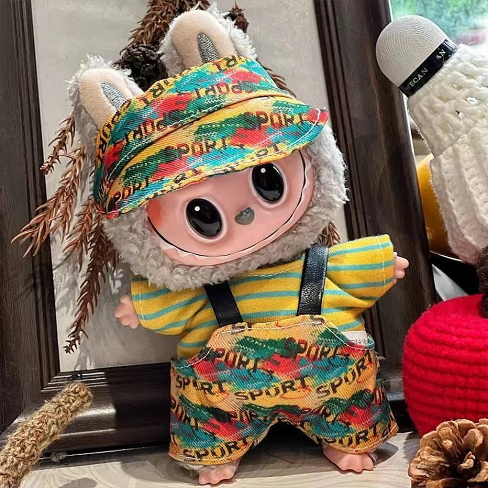 Labubu Clothing 15/17cm Fashion Printed Pants Fabric Clothing Cute Fashion Hat Overalls Toy For Labubu Accessories Birthday Gift