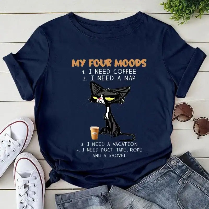 My Four Moods Lazy Cat Anime Tops Short Sleeves - Hiddengem