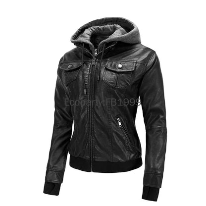 Autumn Winter Women's Motorcycle Jacket Black Slim - Hiddengem