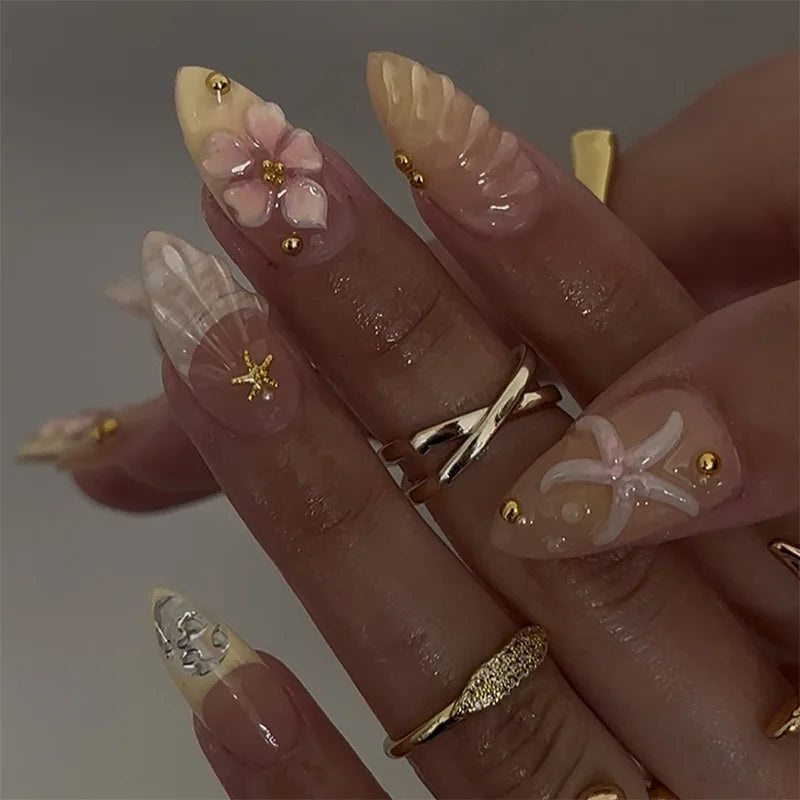 24Pcs Almond Press on Fake Nails 3D Flower - Hiddengem